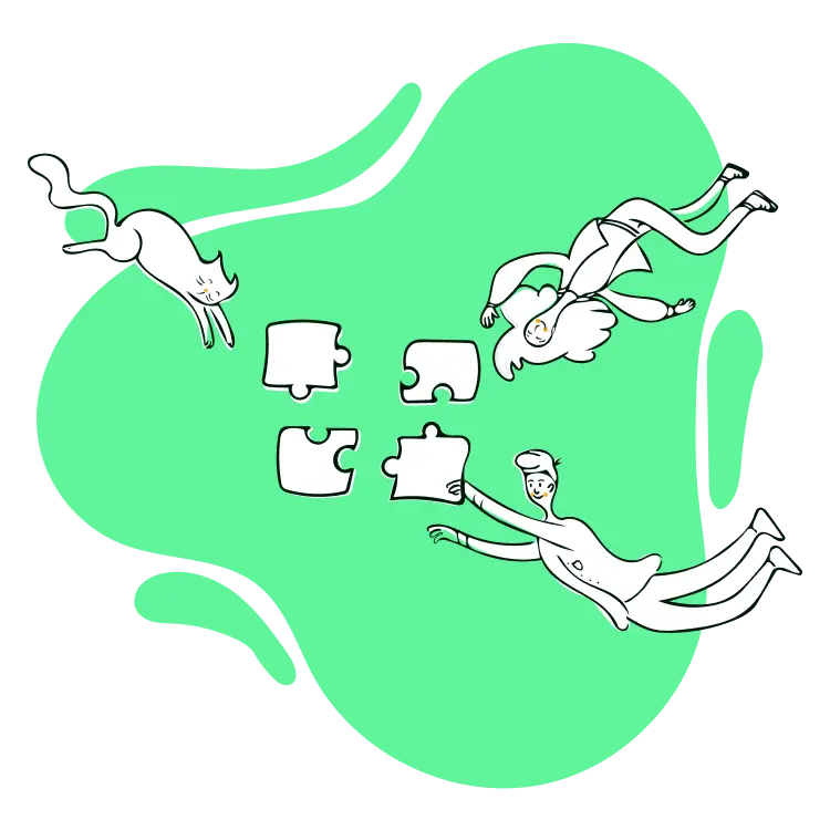 Illustration of a woman, a man, and a cat putting together puzzle pieces.